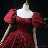 Wine Red Taffeta Short Sleeves Long Prom Dress, Wine Red Evening Dress Formal Dress